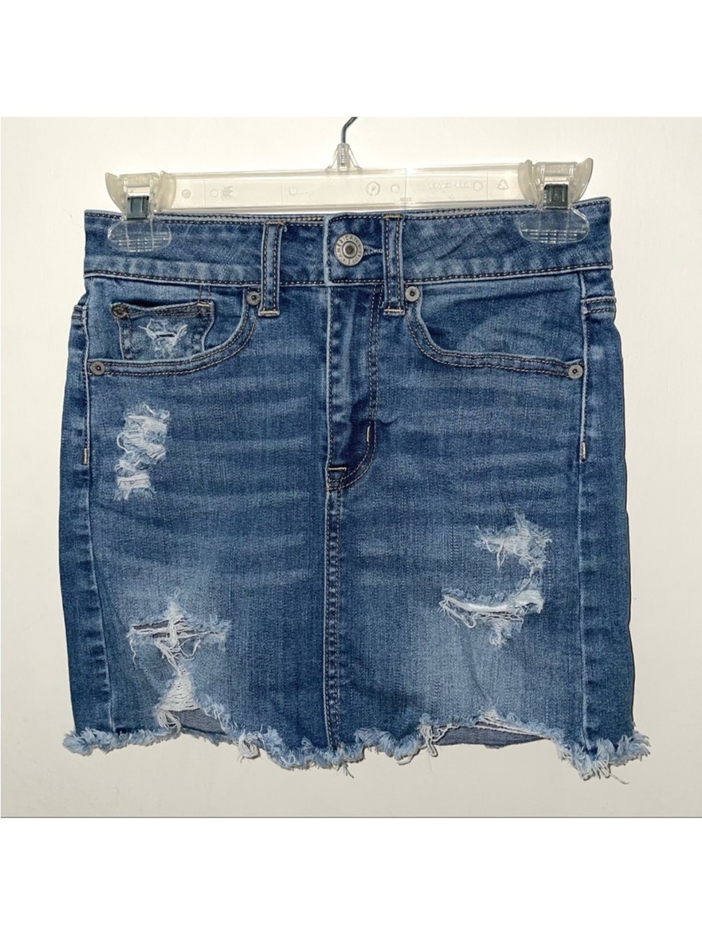 American Eagle Mini Micro jean skirt distressed super stretch frayed denim sz 0